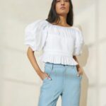 femmes Loeffler Randall blanc anna - haut à basque et manches bouffantes vêtements 8HL8201