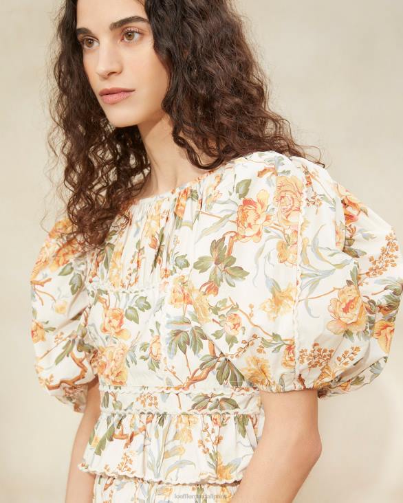 femmes Loeffler Randall crème botanique florale anna - haut à basque et manches bouffantes vêtements 8HL8206 - Image 3