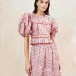 femmes Loeffler Randall imprimé fraise haut à basque à manches bouffantes anna fraise vêtements 8HL8205