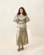 femmes Loeffler Randall or foncé robe plissée à manches bouffantes dorit vêtements 8HL8194