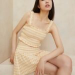 femmes Loeffler Randall vichy beige caraco smocké Fiona vêtements 8HL8252