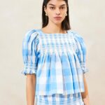 femmes Loeffler Randall vichy bleu top smocké lydie vêtements 8HL8199